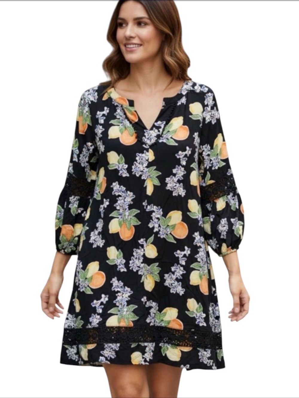 crown & ivy Black Floral 3/4 Sleeve Mini Dress with Yellow Citrus Accents